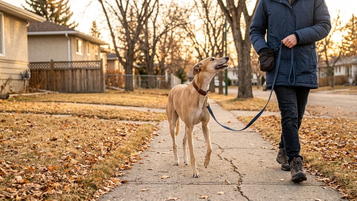A retired racing greyhound in a calm sit-stay during a force-free training session with high-value treats