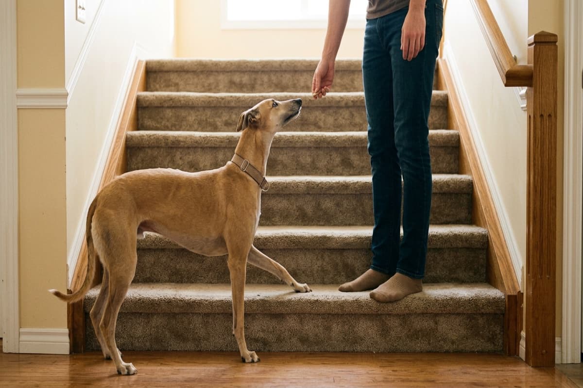 A retired racing greyhound learning to navigate a carpeted staircase one step at a time with a treat trail