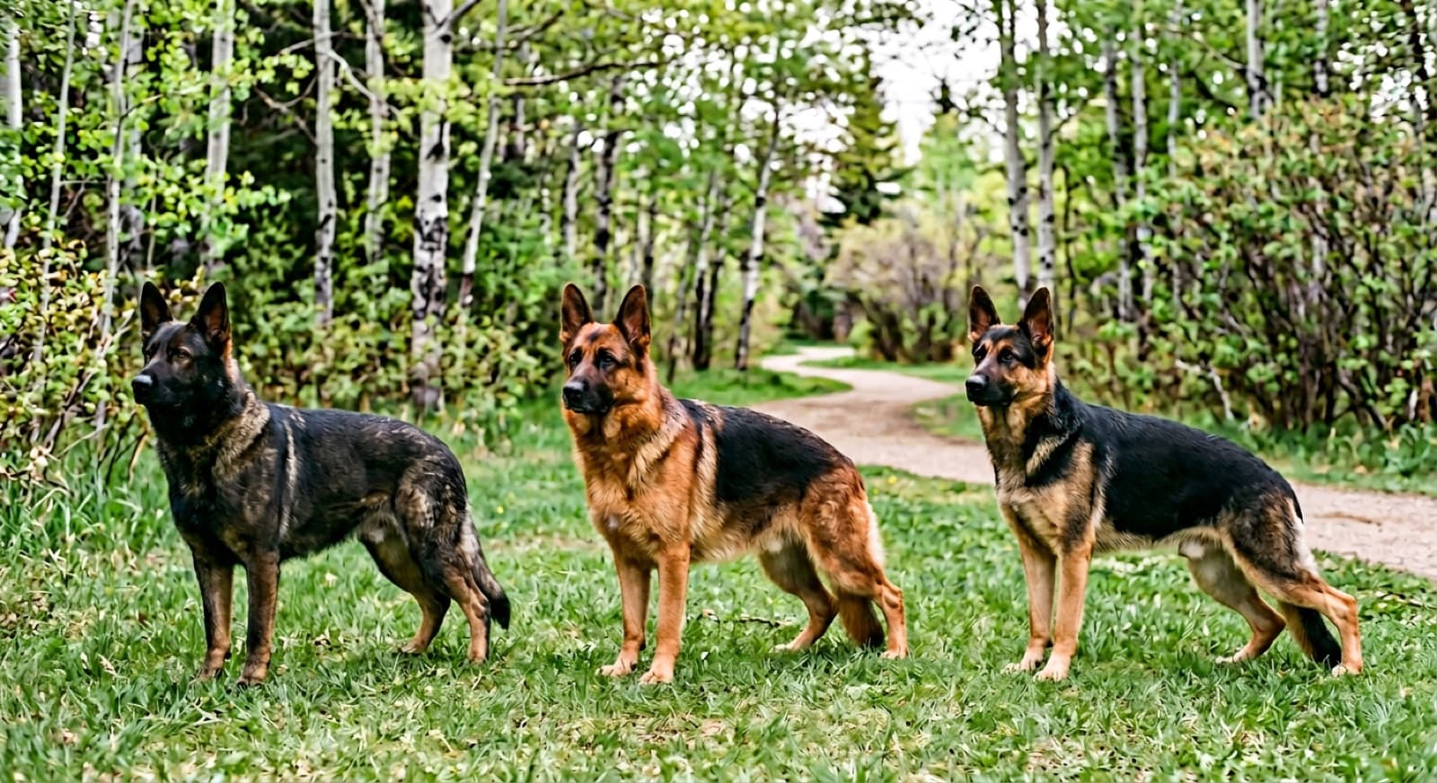 A side-by-side comparison of three German Shepherd types: a West German Show Line with classic black-and-tan saddle pattern, a working-line Czech Shepherd with dark sable coat and straighter topline, and an American Show Line with extreme rear angulation, in an Edmonton outdoor setting