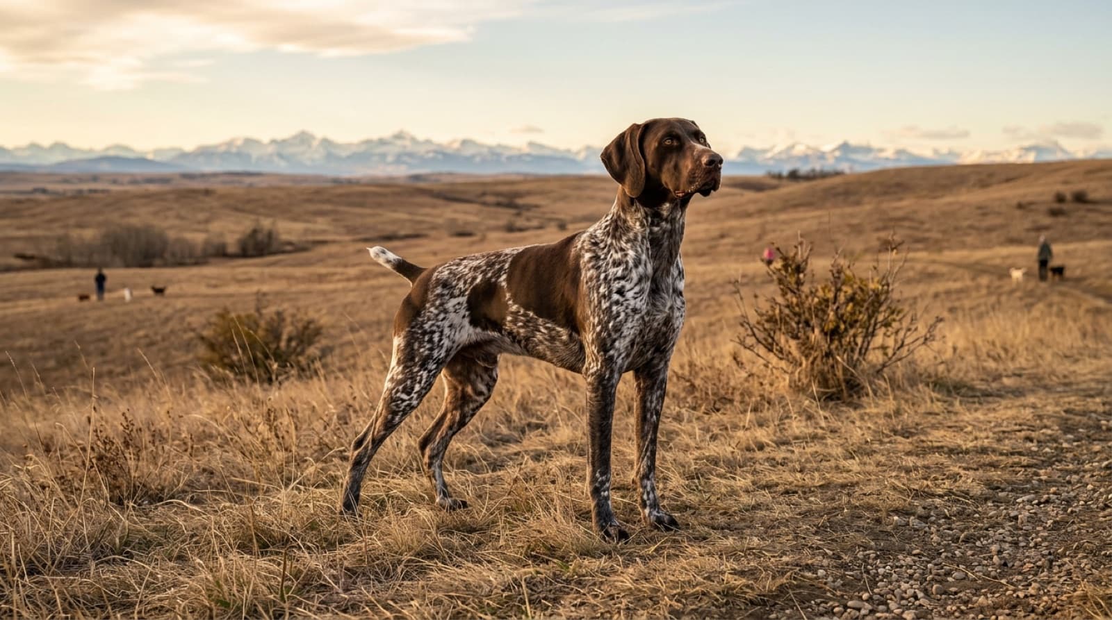 A liver-and-white German Shorthaired Pointer in classic pointing stance on a Calgary prairie trail at sunrise, foothills visible in the distance
