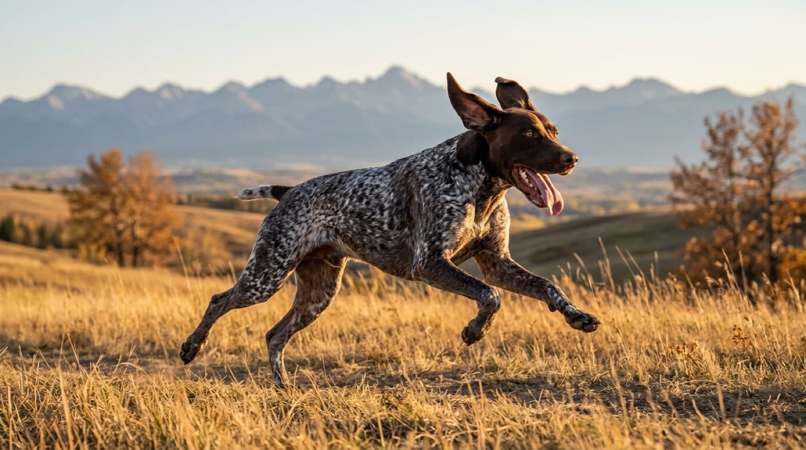 A German Shorthaired Pointer running at full stride across an off-leash Calgary prairie park with mountains visible in the distance, illustrating the high-intensity off-leash exercise GSPs require daily