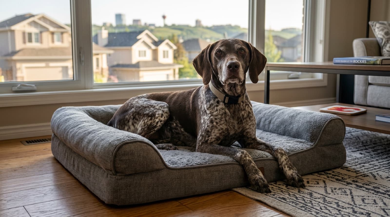 A healthy adult German Shorthaired Pointer being examined during a routine wellness visit at a Calgary veterinary clinic