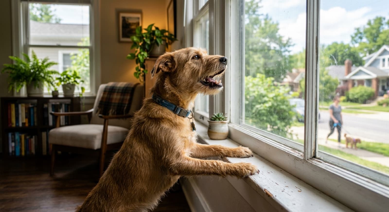 A dog barking at a window, a common alert-barking trigger