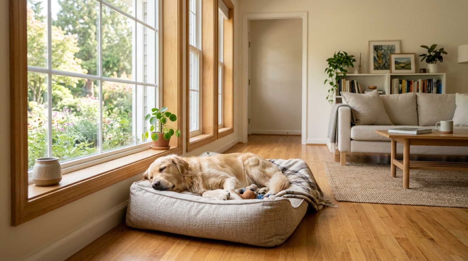 A calm dog resting contentedly on its bed by a window in an empty living room while home alone
