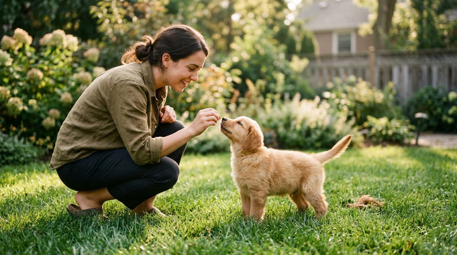 A puppy being praised outdoors right after going to the bathroom in the correct spot during potty training