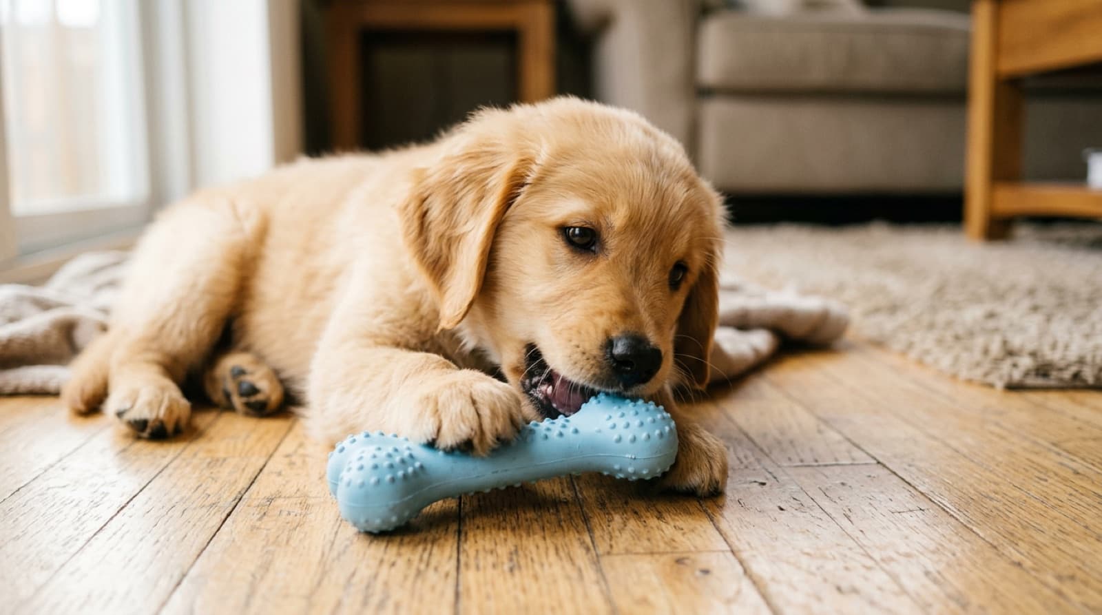 A teething puppy chewing on a soft rubber chew toy to soothe its sore gums