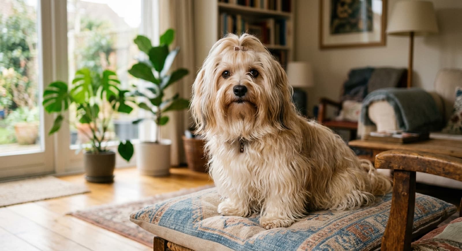An adult Havanese with long flowing silky coat sitting on a couch in an Edmonton home interior, friendly expression