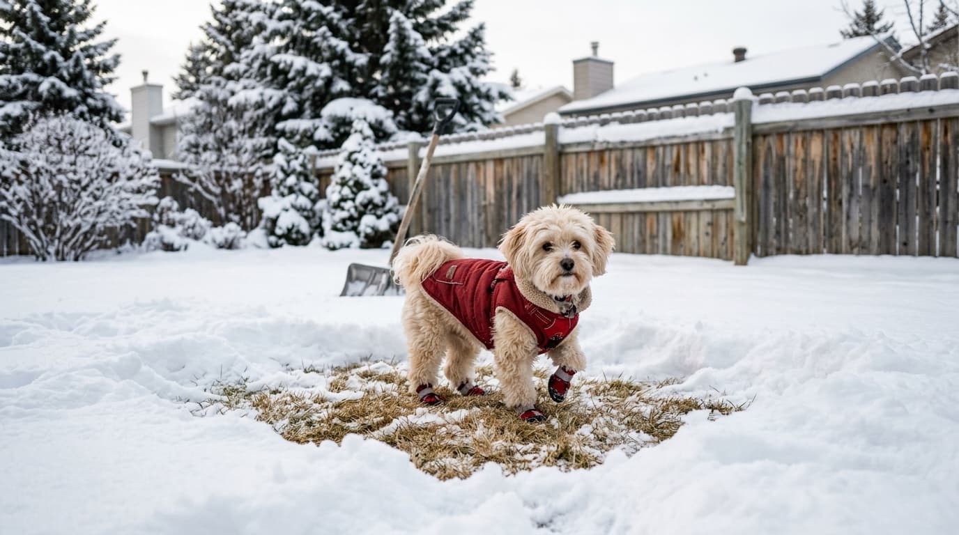 Calgary Havanese puppy outside on a snowy lawn showing the winter potty training challenge of the breed