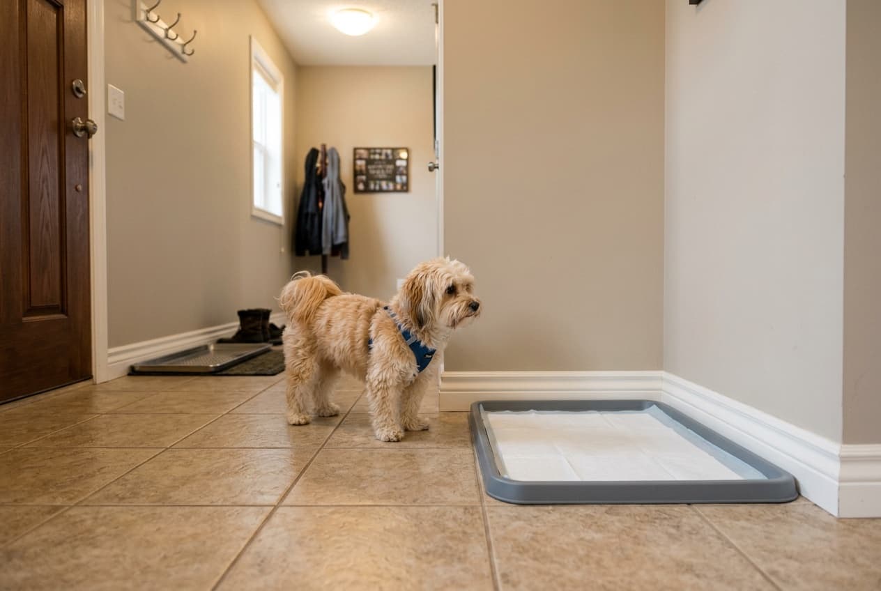 Indoor potty pad setup in a Calgary home for a Havanese during winter, showing the practical bad-weather backup most local owners use