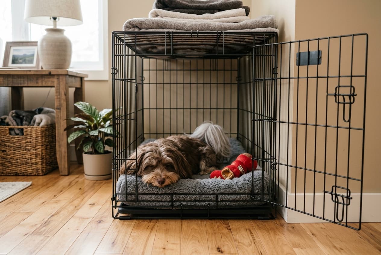 Havanese resting calmly in an open crate at a Calgary home, showing successful crate training as part of separation anxiety management