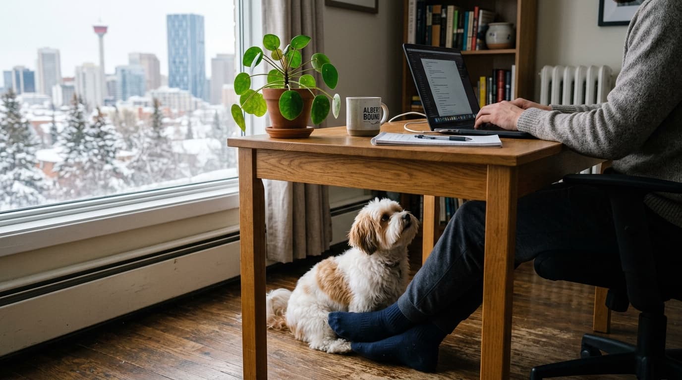 Calgary Havanese sitting at the feet of an owner working from home, showing the breed's classic velcro behavior