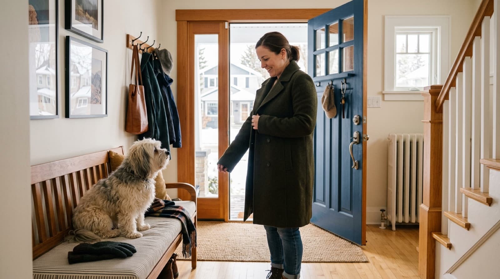 A person calmly putting on a coat by the front door while a relaxed Havanese watches without distress in a bright Edmonton home