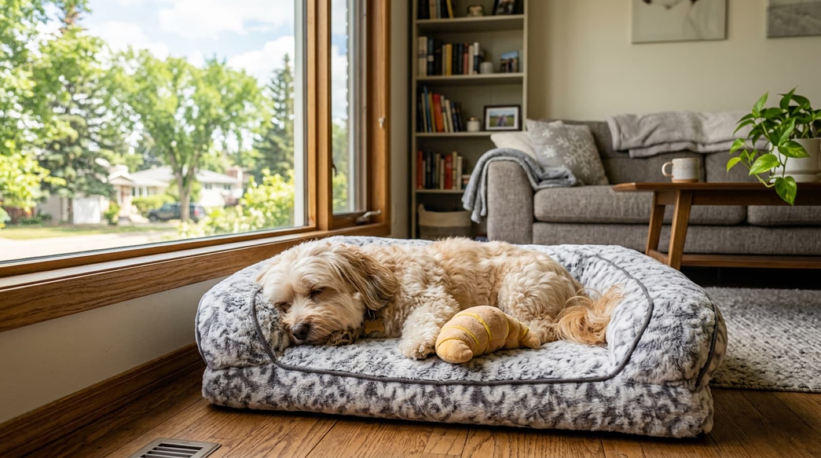 A Havanese resting calmly and contentedly alone on a dog bed with a stuffed food toy in a bright Edmonton living room