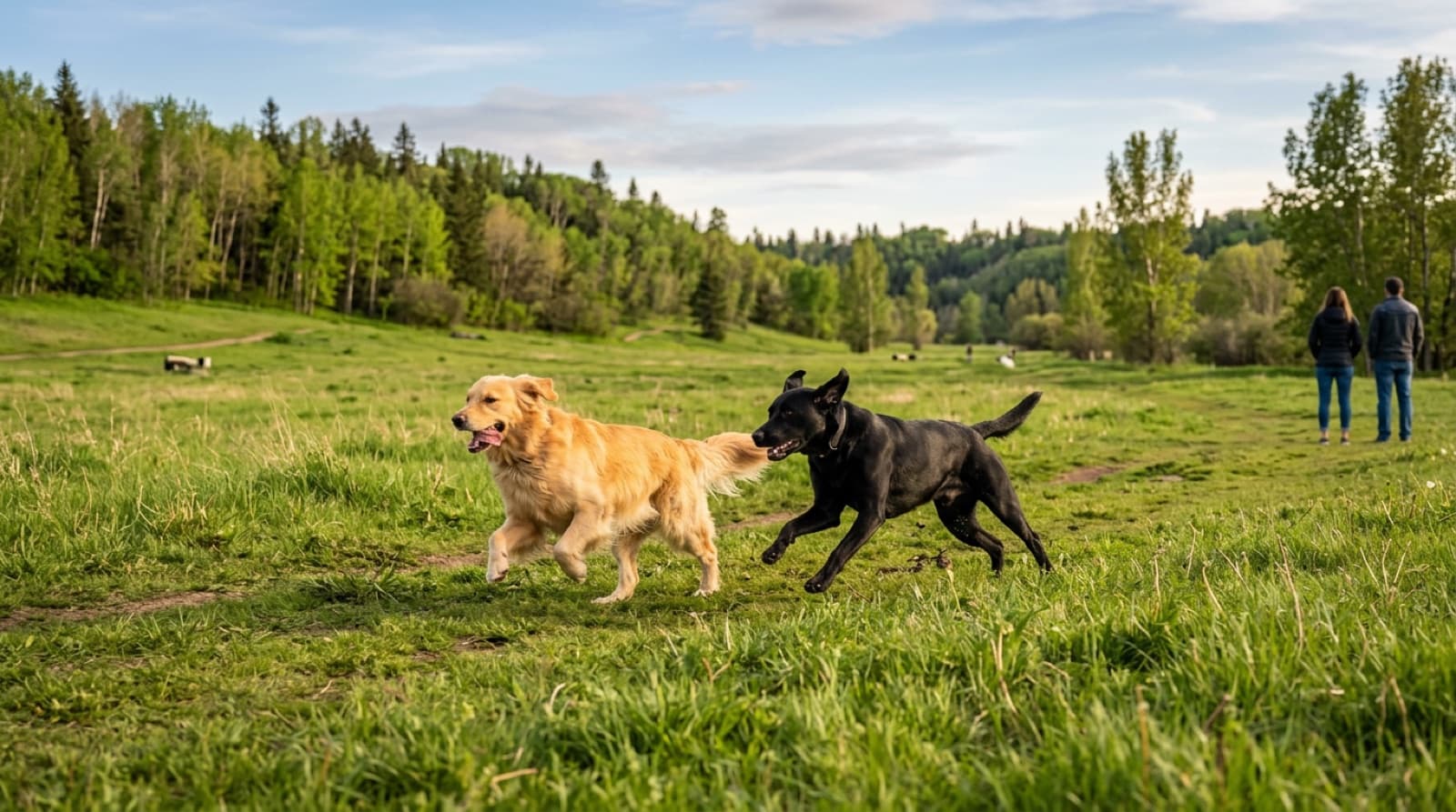 A golden retriever and a black lab mix running across the off-leash grass field at William Hawrelak Park in Edmonton's North Saskatchewan River Valley on a late-spring afternoon.