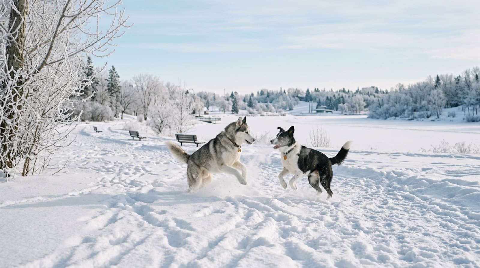A husky and a border collie mix playing in fresh snow on the Hawrelak off-leash trail in winter, with frozen lagoon and frosted poplar trees in the background.