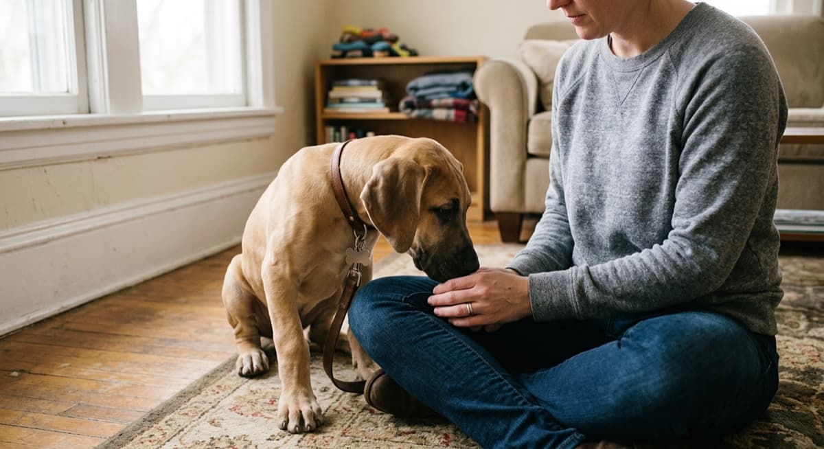 A blue Great Dane lying calmly on a foster-home floor in Calgary, a clipboard application and pen on the table beside it, soft afternoon light coming through the window