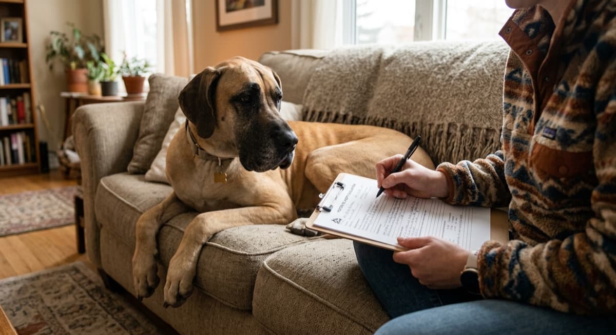 A Calgary adopter sitting on the floor of a foster home for a meet-and-greet with a black Great Dane, the dog leaning gently against her shoulder while the foster looks on