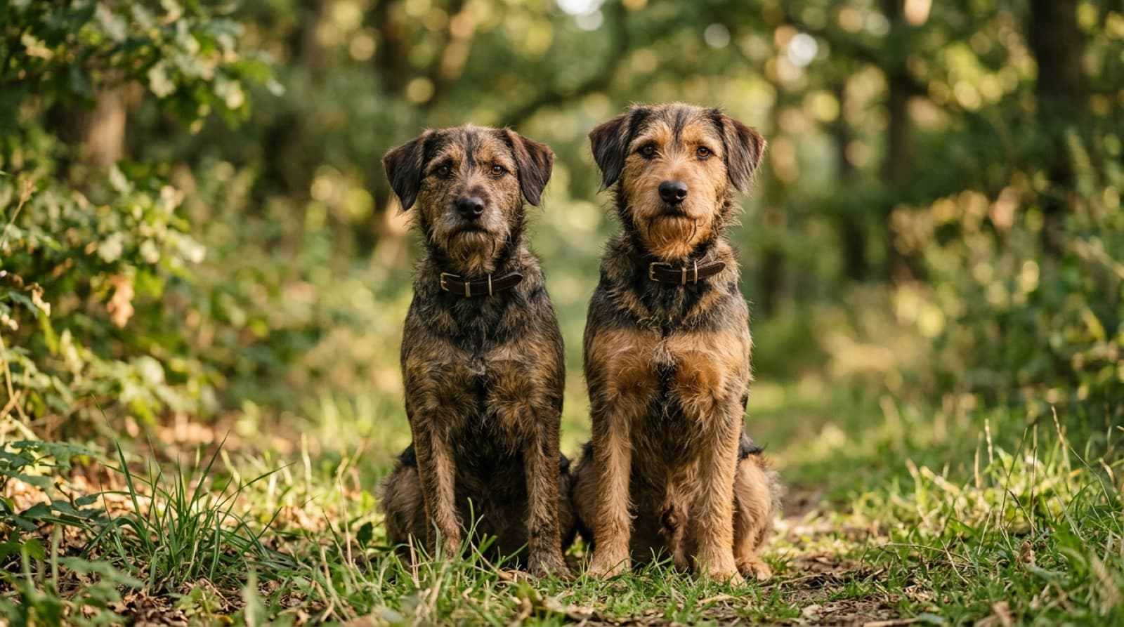 Two mixed-breed dogs that share DNA sitting together, illustrating genetic relatives