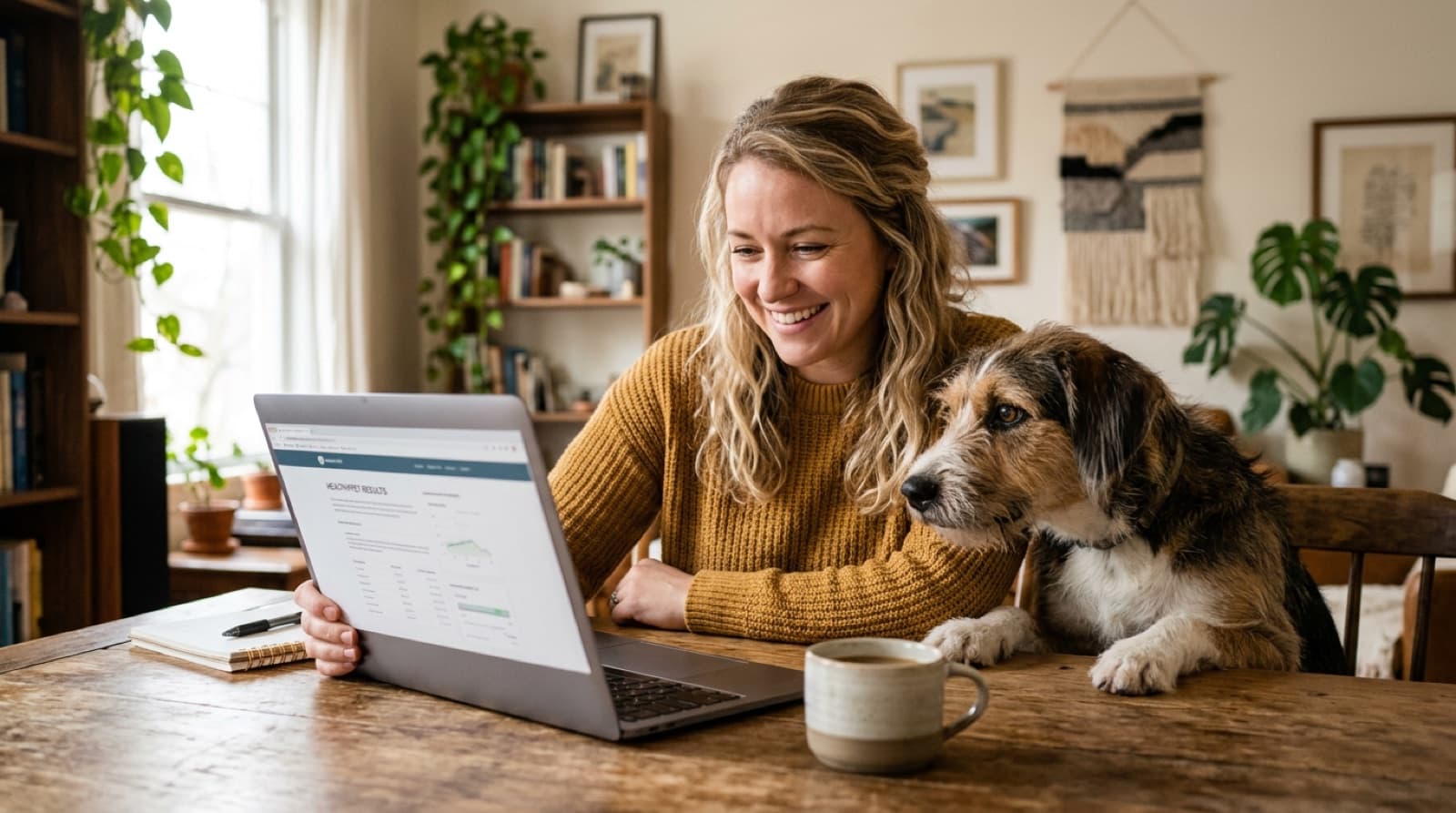 A dog owner reading DNA results on a laptop with a curious mixed-breed dog beside them
