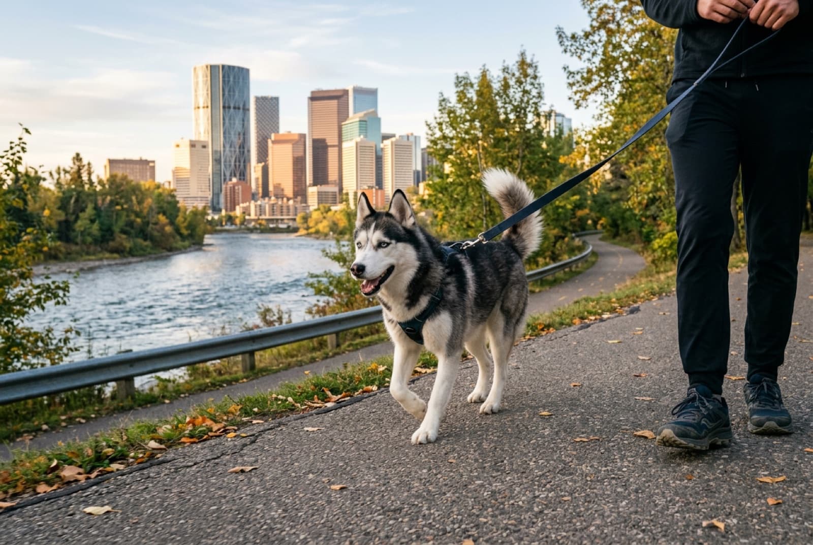 Calgary rescue Husky on a daily walk along an urban pathway, representing the daily exercise commitment the breed requires year-round