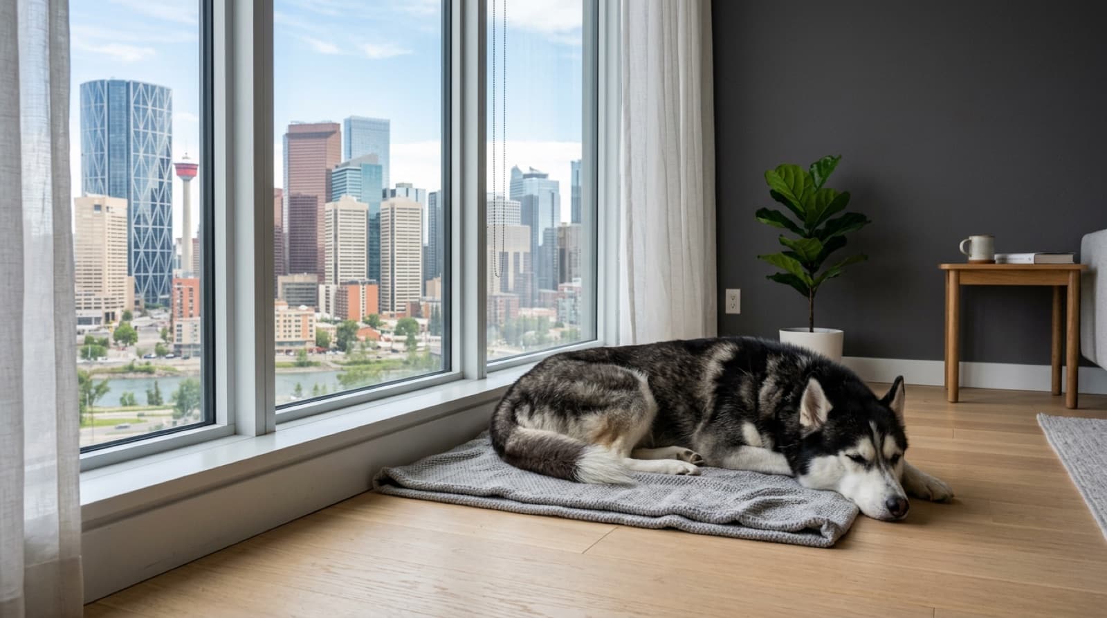 Calgary rescue Siberian Husky settled in a clean home interior, representing the calm post-exercise behaviour adopters can expect from a well-matched rescue Husky