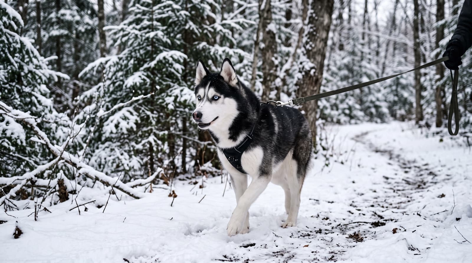 A Siberian Husky on lead on a snowy Fredericton, New Brunswick trail beside the Saint John River, representing the high-energy northern breed common in New Brunswick rescue