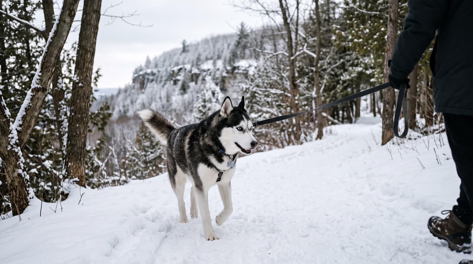 A Siberian Husky on lead on a snowy Hamilton, Ontario trail below the Niagara Escarpment, representing the friendly but high-energy escape-artist temperament of the breed in Ontario rescue