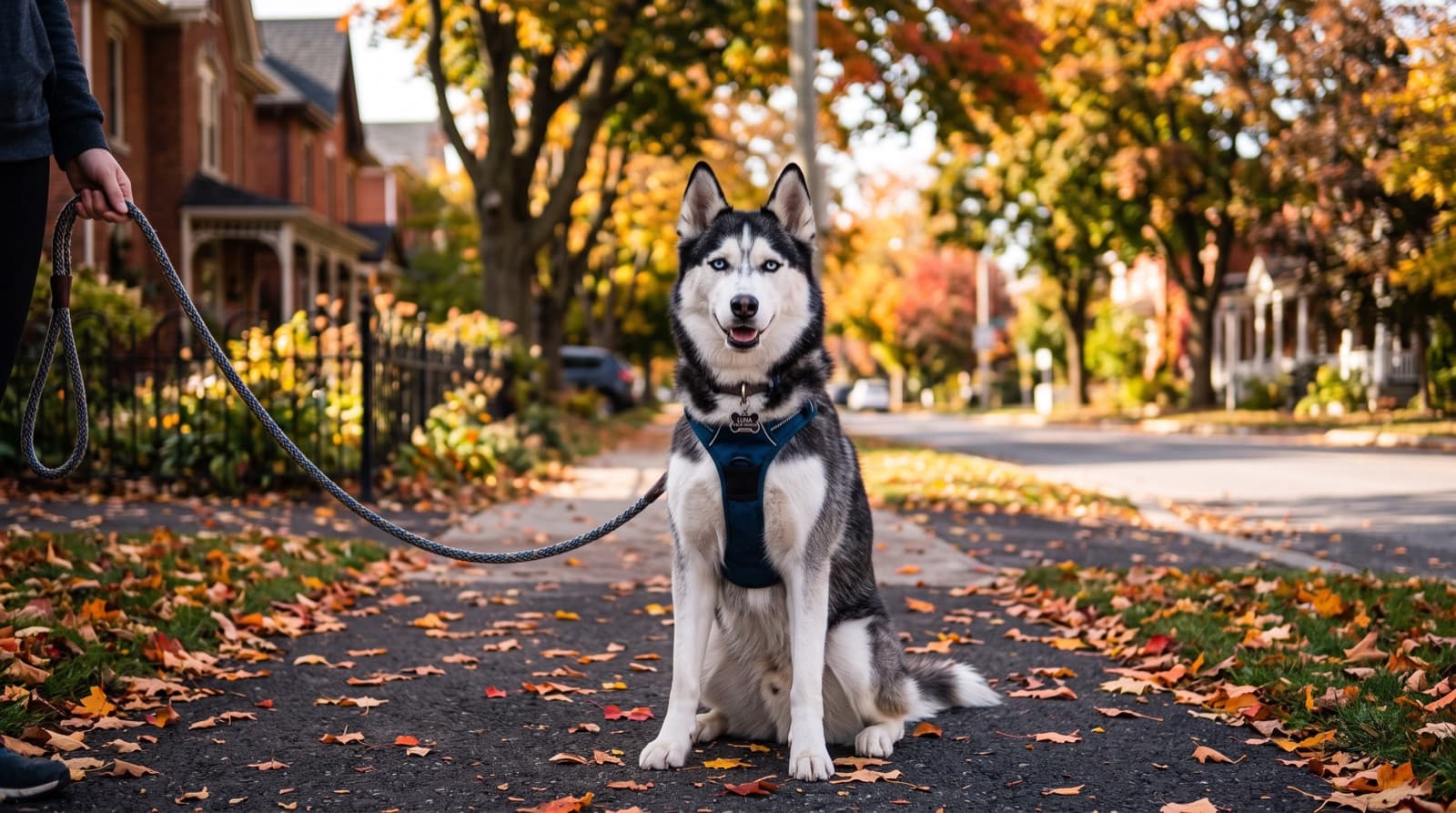 A Siberian Husky with blue eyes on a snowy leashed waterfront path in Kingston, Ontario, representing the working sled-dog breed that fills eastern Ontario rescue