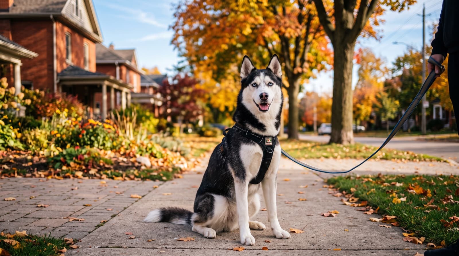 A Siberian Husky with blue eyes on a snowy leashed trail in London, Ontario, representing the working sled-dog breed that fills southern Ontario rescue