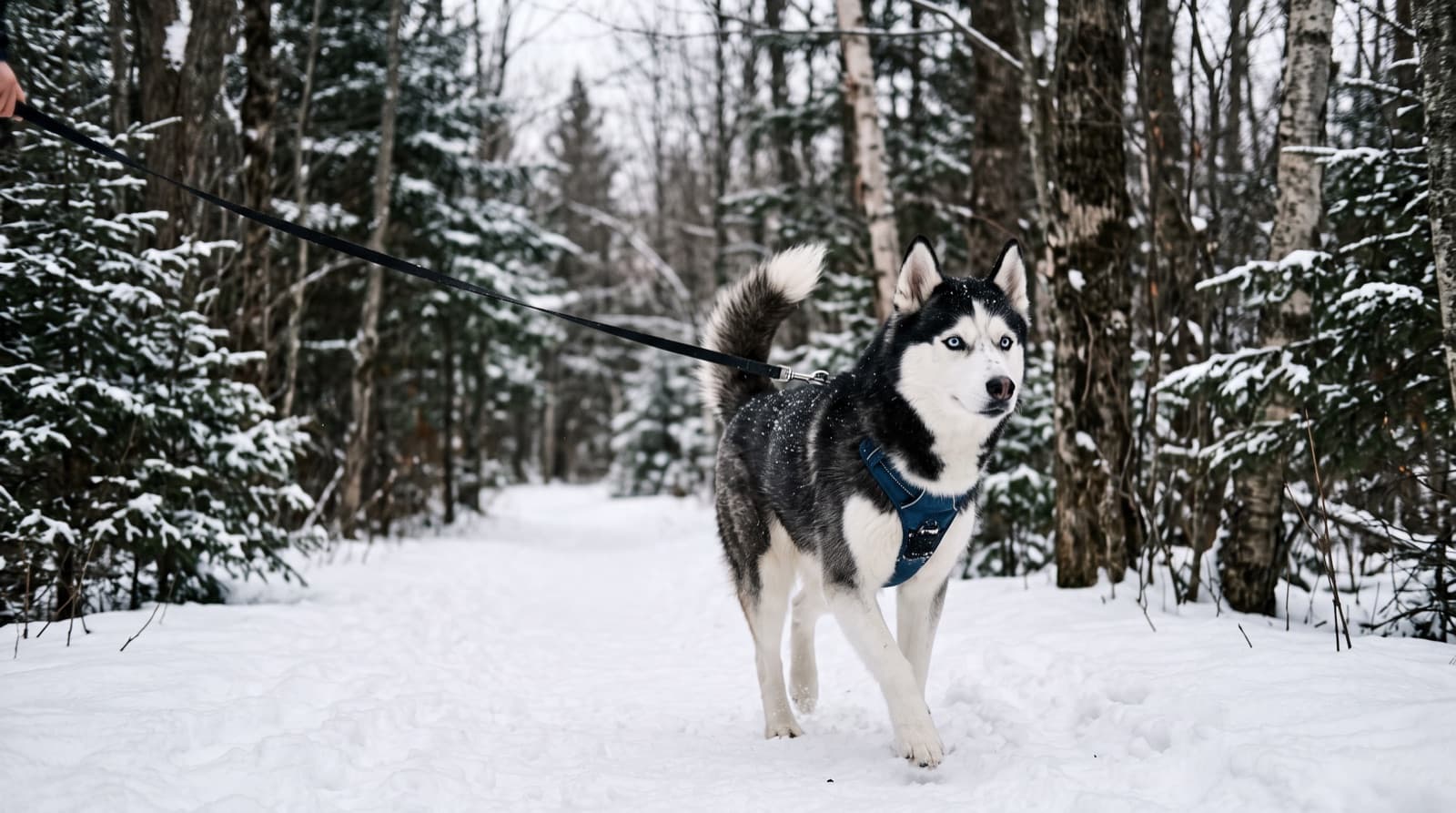 A Siberian Husky on lead on a snowy Moncton, New Brunswick trail in winter, thick double coat and alert expression, representing the working sled-dog temperament of the breed in Maritime rescue