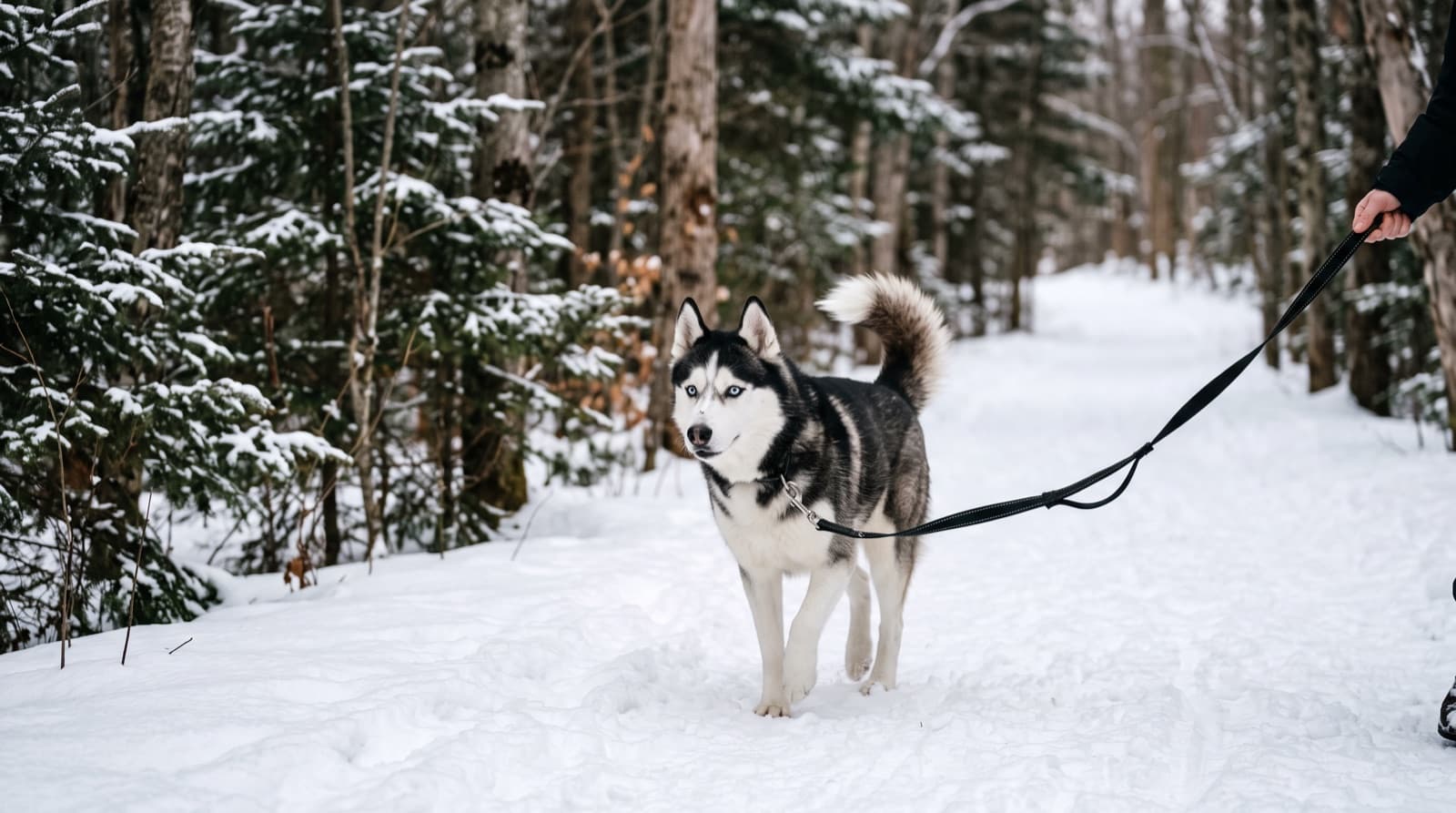 A Siberian Husky on a secure long-line on a snowy Saint John, New Brunswick trail near the Bay of Fundy, thick double coat and blue eyes, representing the high-energy escape-prone temperament of the breed in Maritime rescue