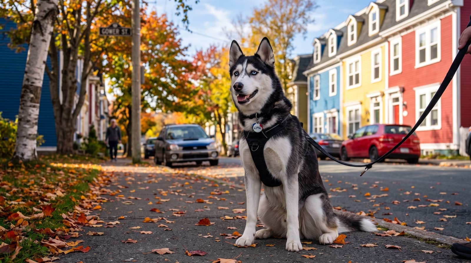 A Siberian Husky with blue eyes on a snowy leashed trail in St. John's, Newfoundland, representing the working sled-dog breed that fills Newfoundland rescue