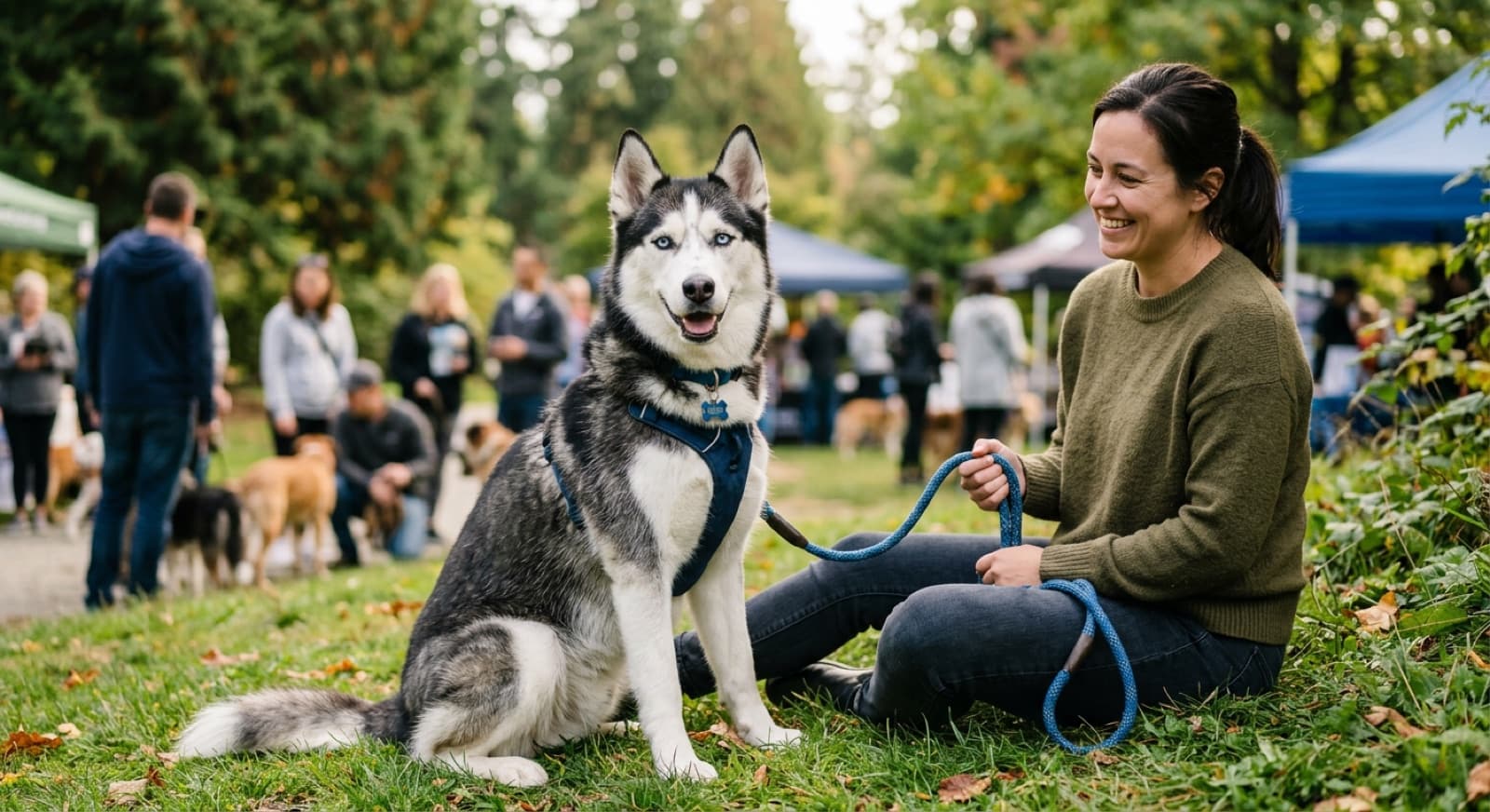 A friendly Siberian Husky with blue eyes sitting beside a person at an outdoor adoption meet in a Vancouver park