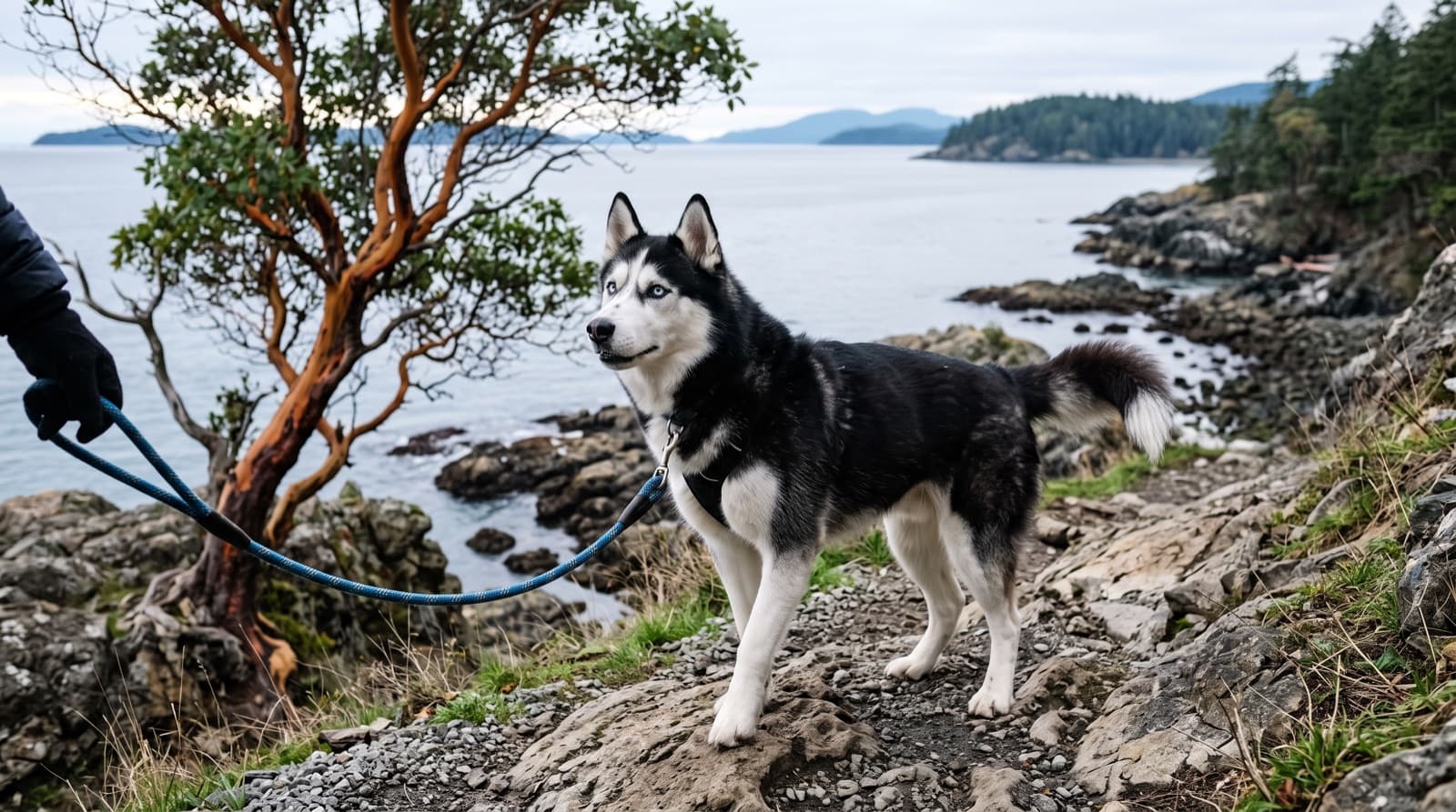 A Siberian Husky on lead on a Victoria, BC coastal trail near the Dallas Road waterfront, thick double coat and alert expression, representing the high-energy northern breed in Vancouver Island rescue