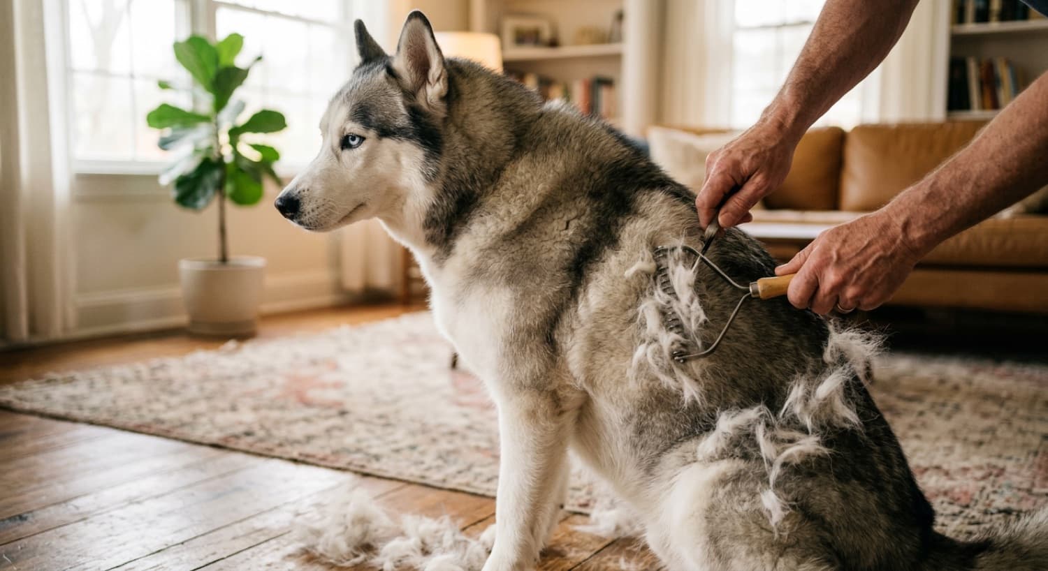 A Siberian Husky being brushed, loose undercoat coming out