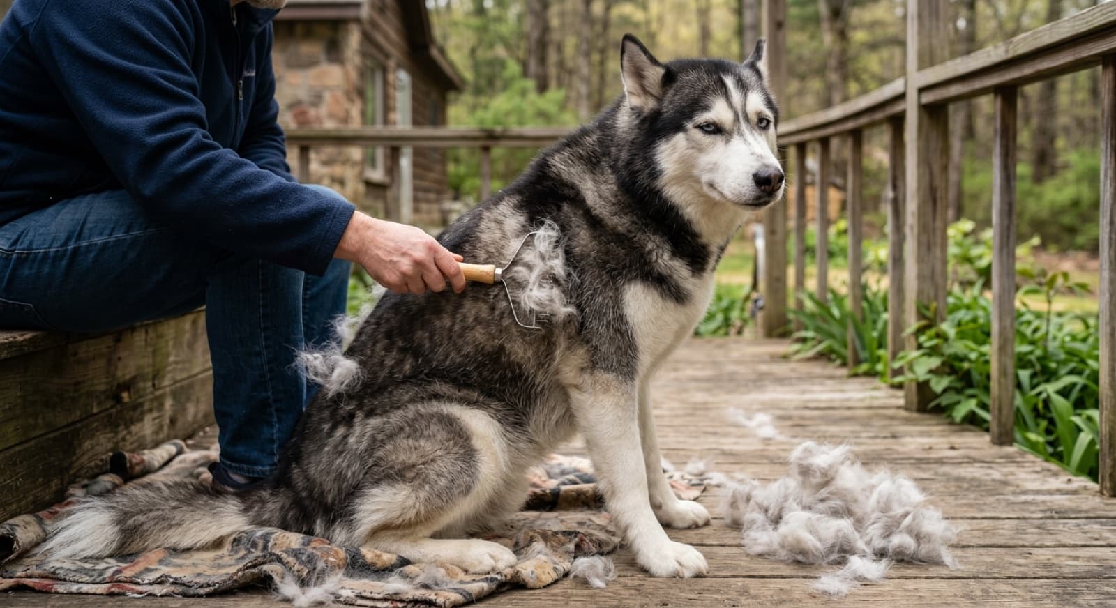 A Siberian Husky being brushed with an undercoat rake, loose tufts of fluffy undercoat coming free