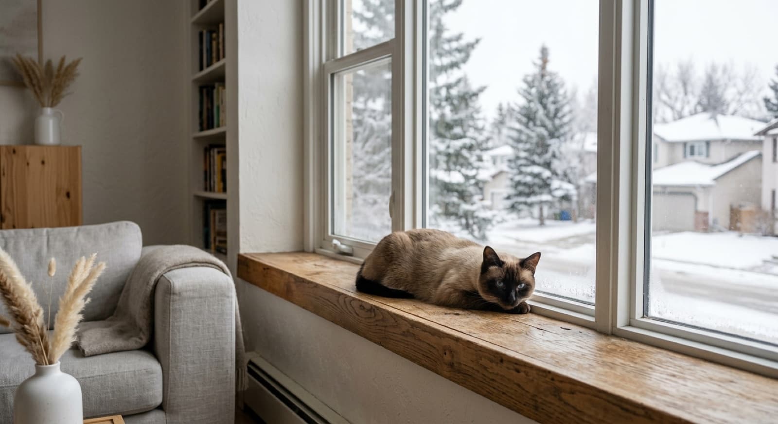 A Siamese cat resting on a windowsill in a Canadian home, the type most commonly available through rescue for allergy-conscious adopters
