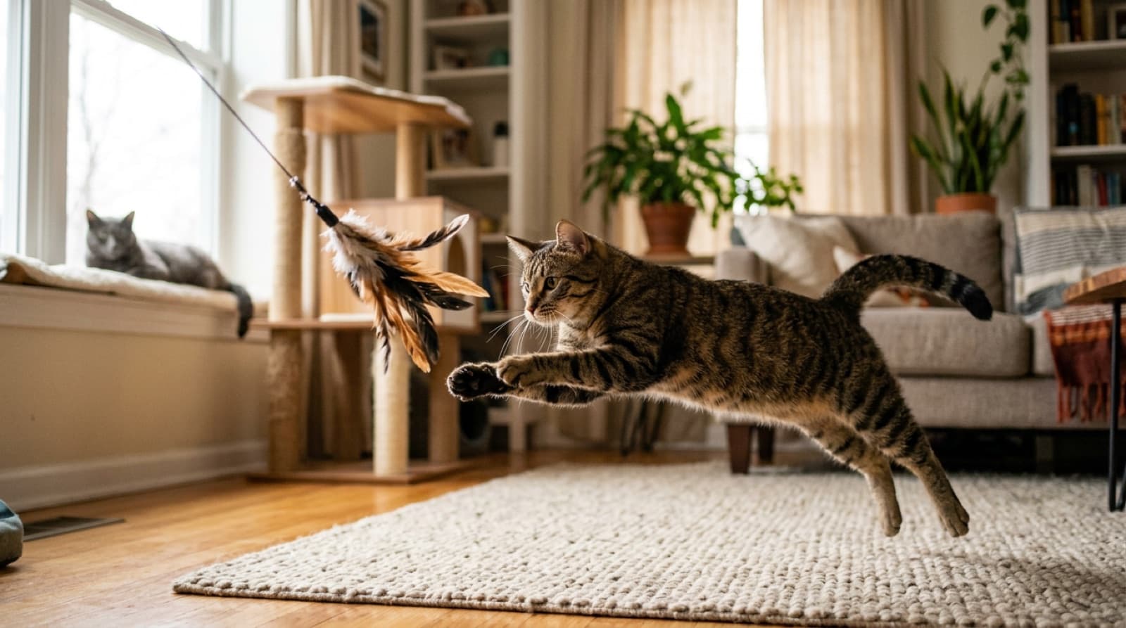 An engaged indoor cat mid-pounce chasing a feather wand toy in a bright living room, a cat tree and window perch in the background