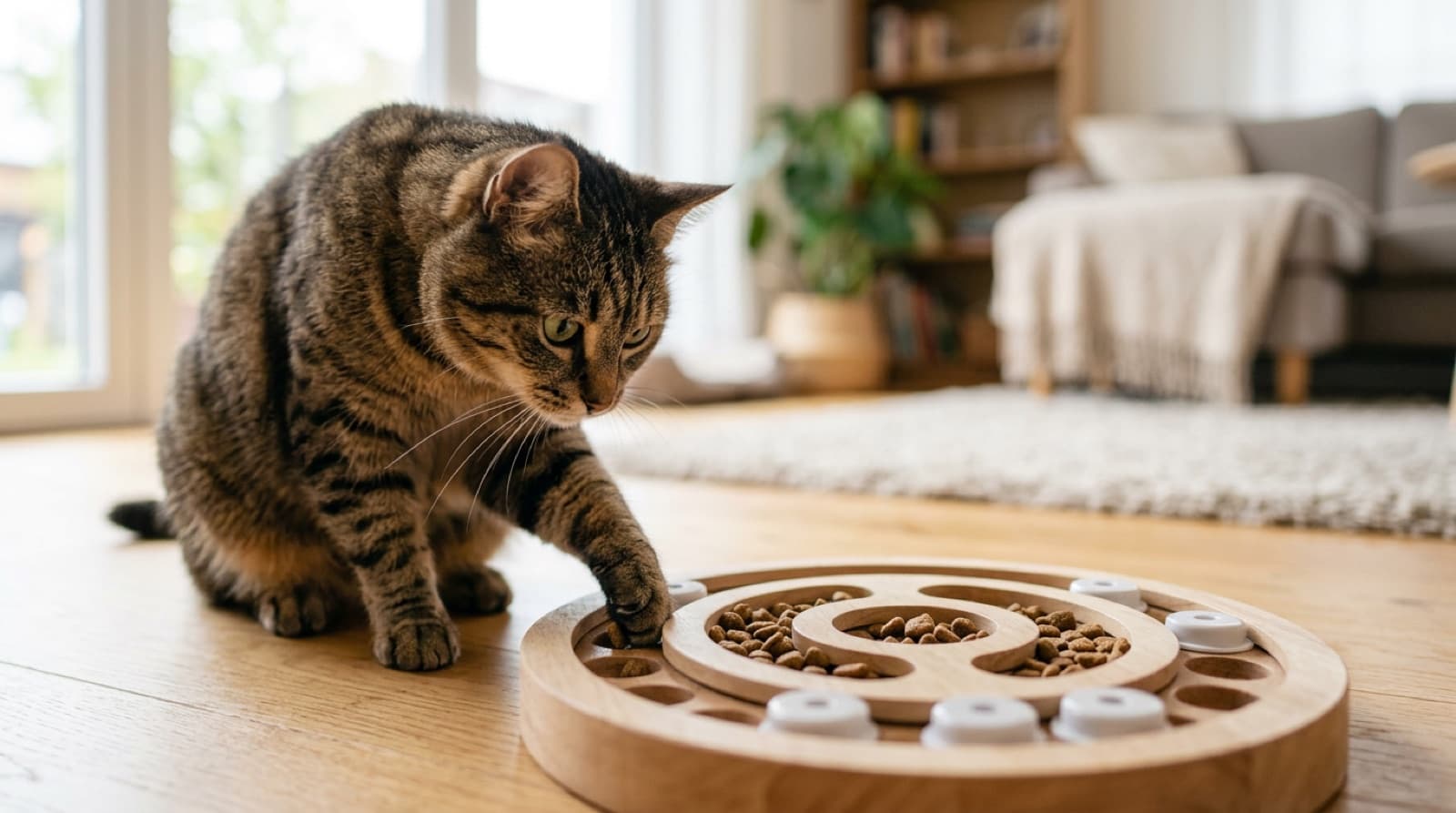 A cat using its paw to extract kibble from a food puzzle feeder on the floor, working for its meal