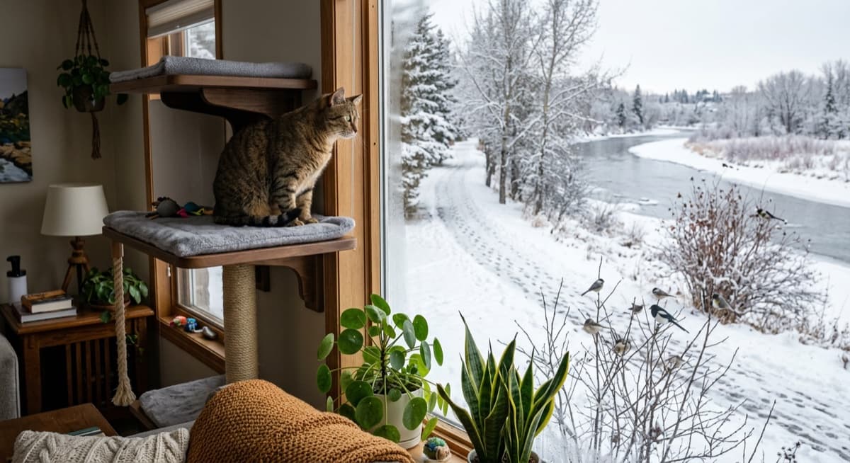 A Calgary cat watching wildlife through a window screen on a cat shelf, safe indoors, with a winter Bow River pathway visible beyond, captures the indoor-enrichment alternative