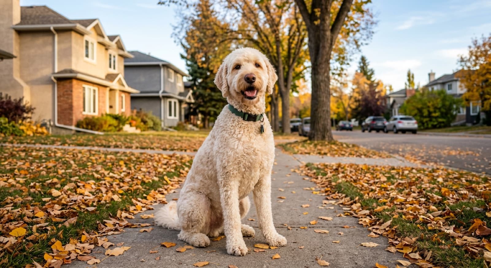 A cream-coloured Labradoodle with a fleece coat sitting in tall prairie grass on a Calgary off-leash trail in late spring, mountains in the distance