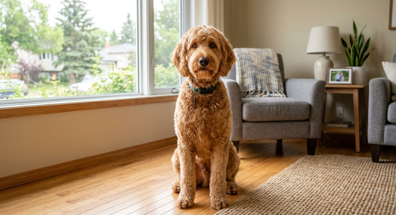 An adult Labradoodle with classic golden wavy fleece coat sitting on a hardwood floor in an Edmonton home interior, friendly expression