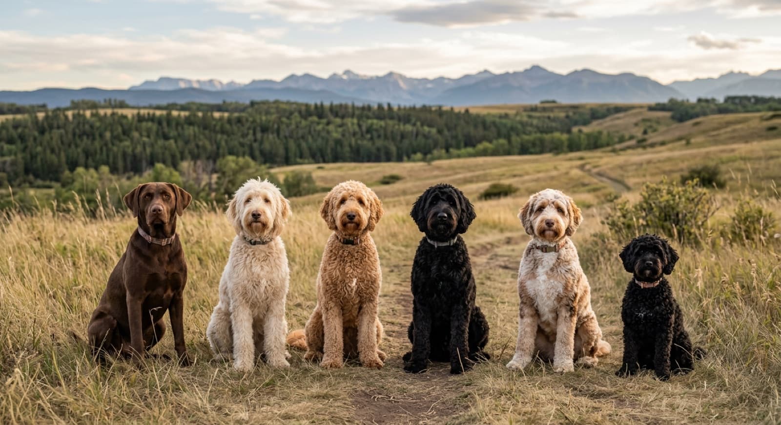 An F1 Labradoodle, F1B Labradoodle, and Australian Labradoodle sitting together at a Calgary park, illustrating the coat-type differences across Labradoodle generations from coat-lottery F1 to consistent multi-generation Australian Labradoodle