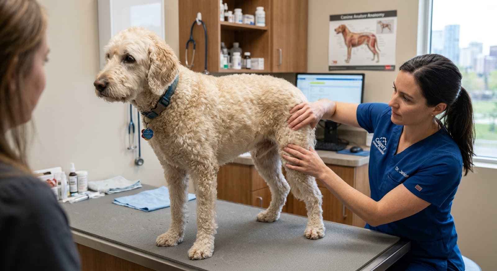 A healthy adult Labradoodle sitting calmly at a Calgary veterinary clinic during a routine wellness exam