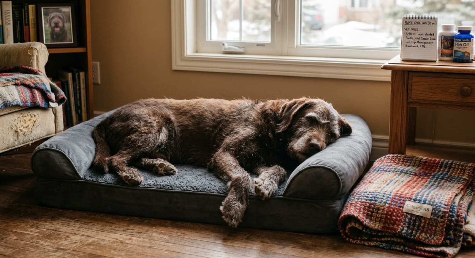 A senior Labradoodle resting on an orthopaedic dog bed in a Calgary home, calm and well cared for