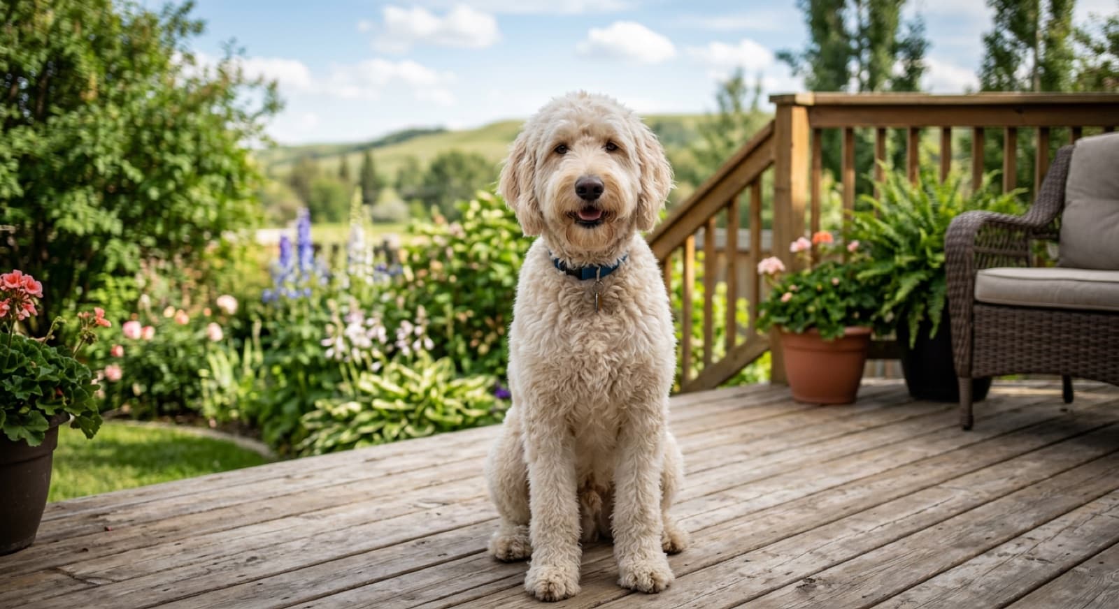 A cream-coloured wavy-coated Labradoodle sitting alert on a Calgary backyard deck in summer, showing the breeds friendly expression and mid-size Labrador and Poodle cross frame
