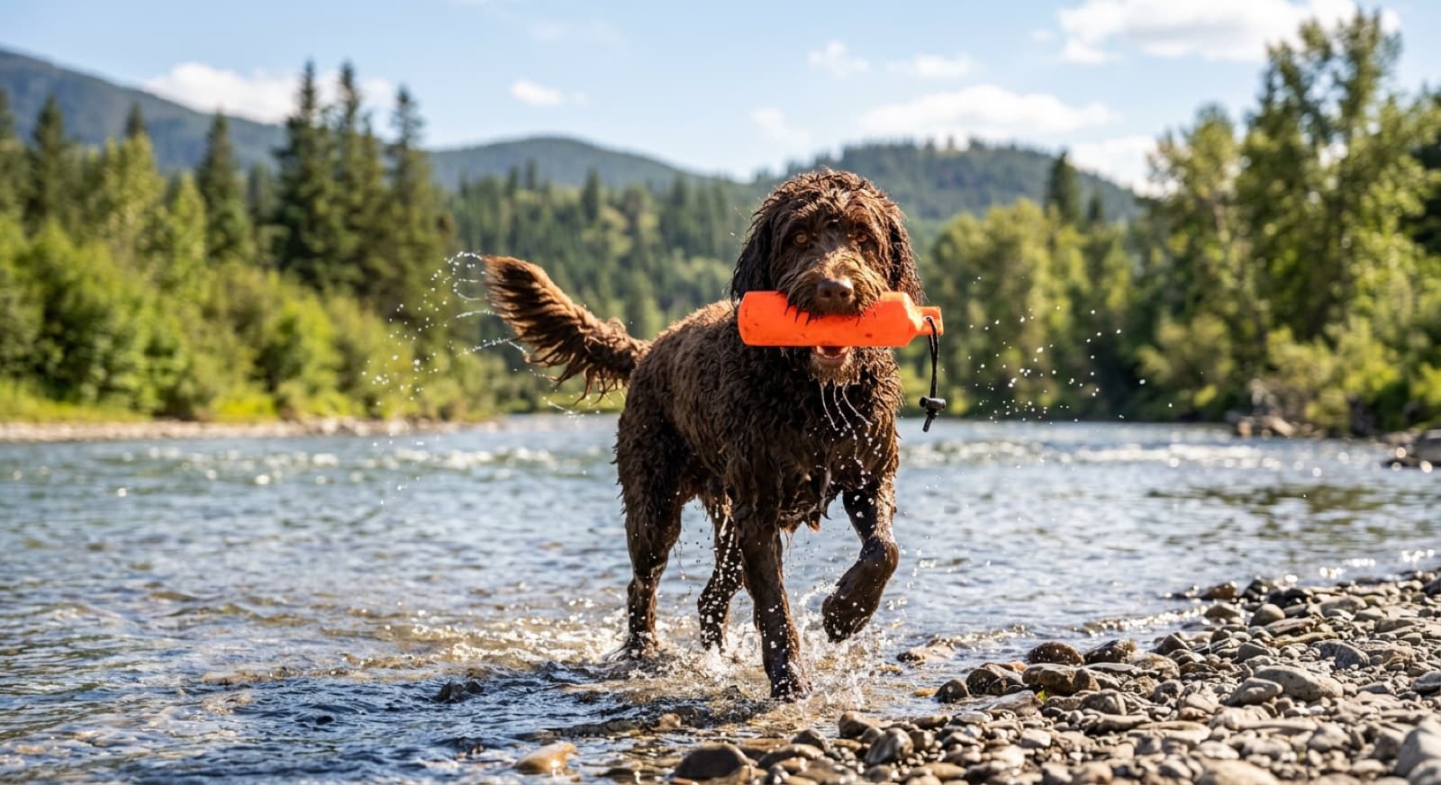 A chocolate wavy-coated Labradoodle retrieves a toy from the Bow River on a Calgary summer afternoon, demonstrating the breeds inherited water-retriever drive from both Labrador and Poodle parents