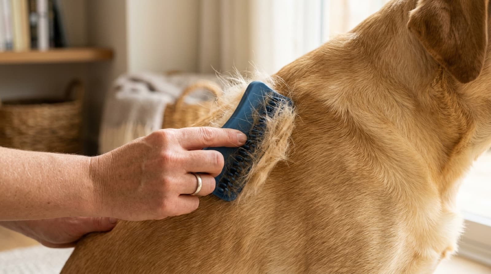 A Labrador being deshedded, loose undercoat lifting off the short coat