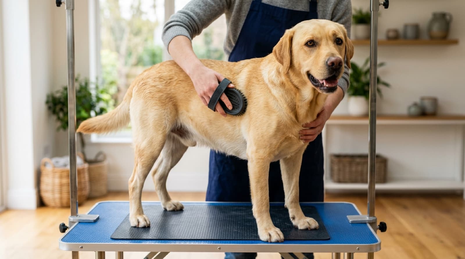 A Labrador Retriever being brushed with a rubber curry brush in a bright home