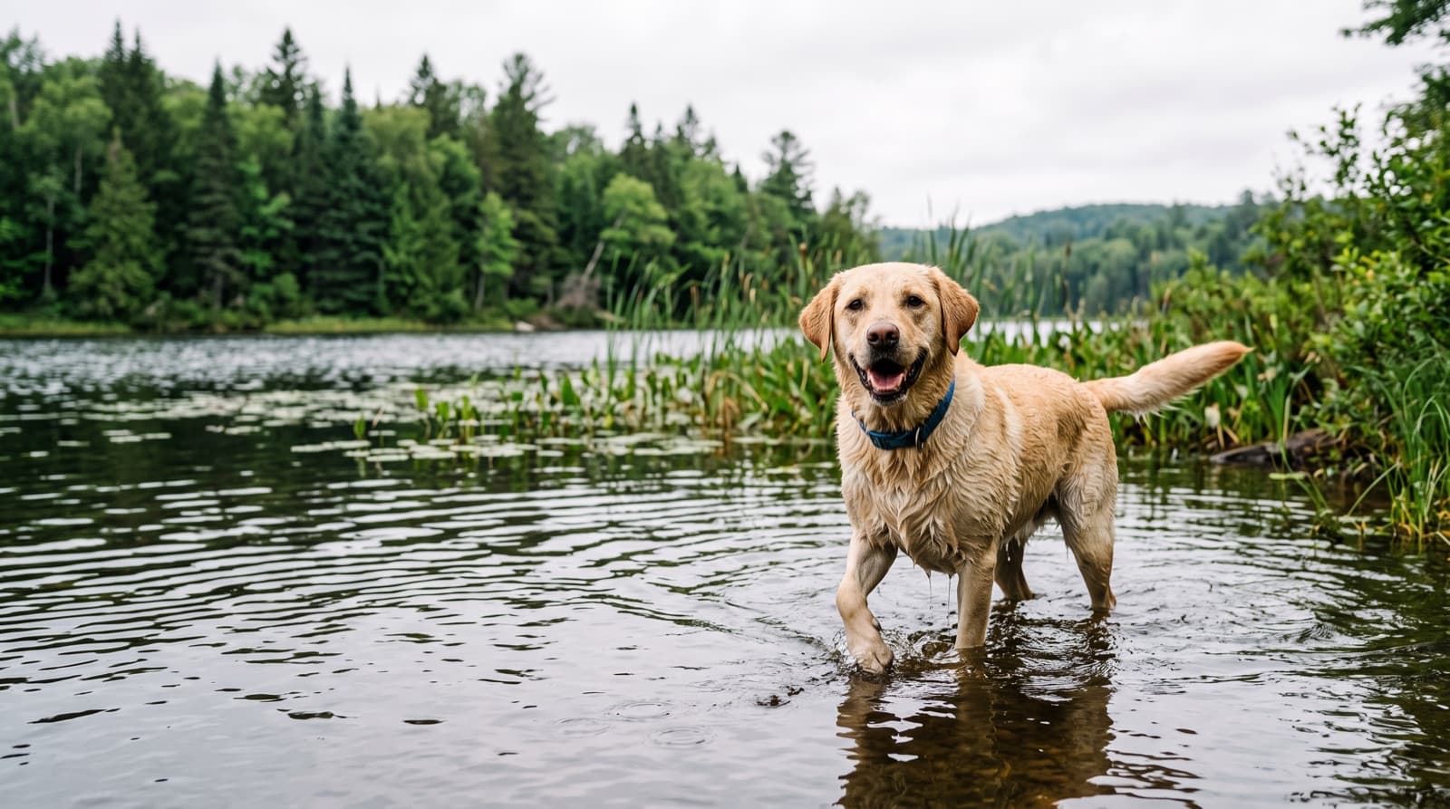 A yellow Labrador Retriever standing beside the Saint John River in Fredericton, New Brunswick, healthy and lean, representing the energetic sporting temperament of the breed in New Brunswick rescue